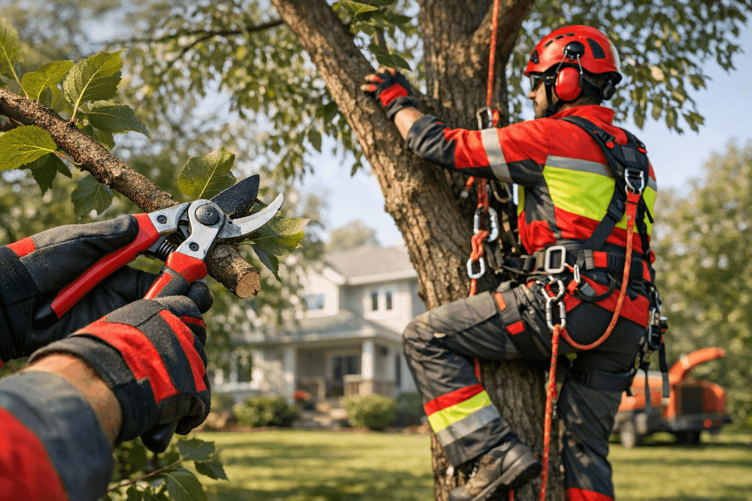 Two professional tree workers trimming a healthy tree in a suburban yard wearing safety gear