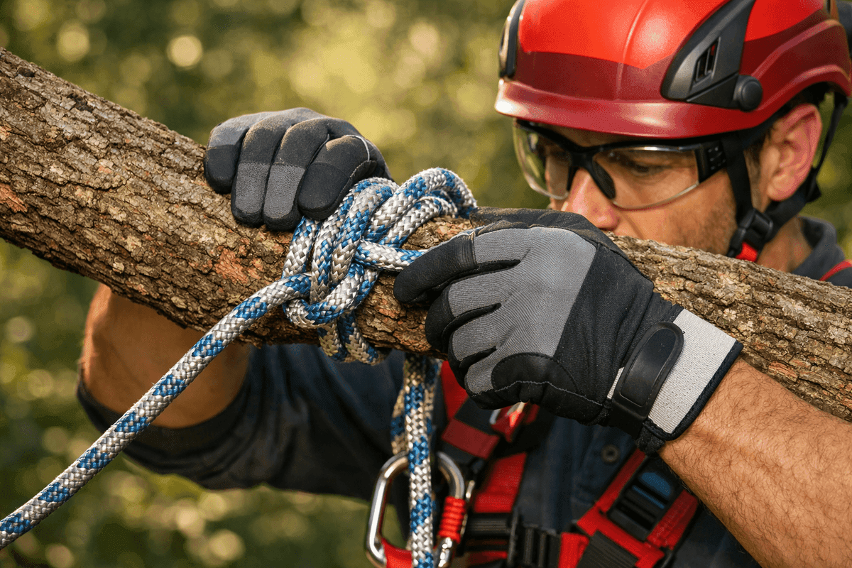 Close-up of gloved hands securing climbing rope on tree branch during tree trimming work
