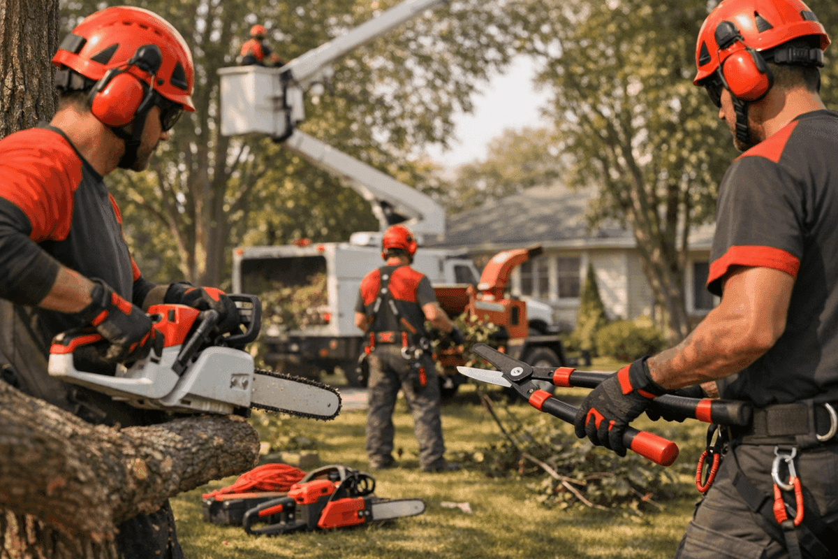 Close-up of gloved hands securing climbing rope on tree branch during tree trimming work